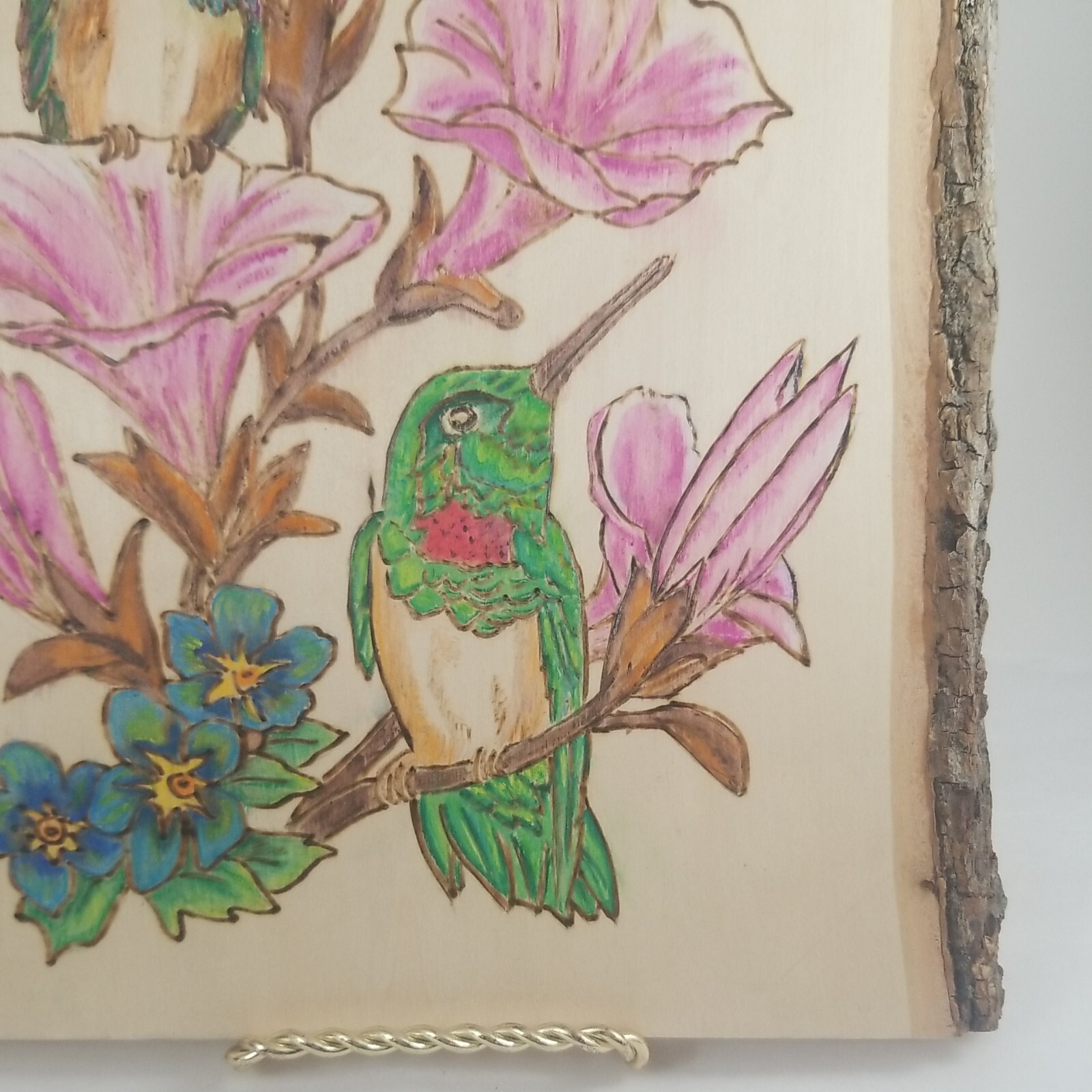 Hummingbirds w/ Pink Flowers on Wood Plank Wood Burning Folk Signed Joi 12″x10″