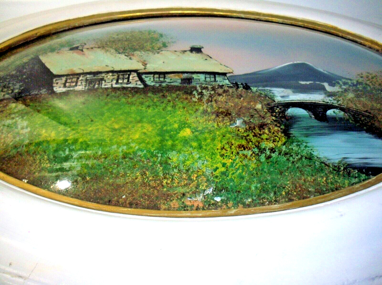 Antique Reverse Foil Painting Oval Convex Glass Landscape 14″x24″ Wood Frame
