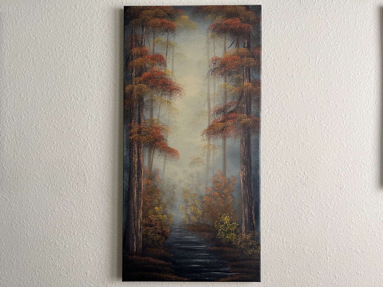 Misty Autumn Fall Landscape Oil Painting “Deep Fall Woods” 12x24inch