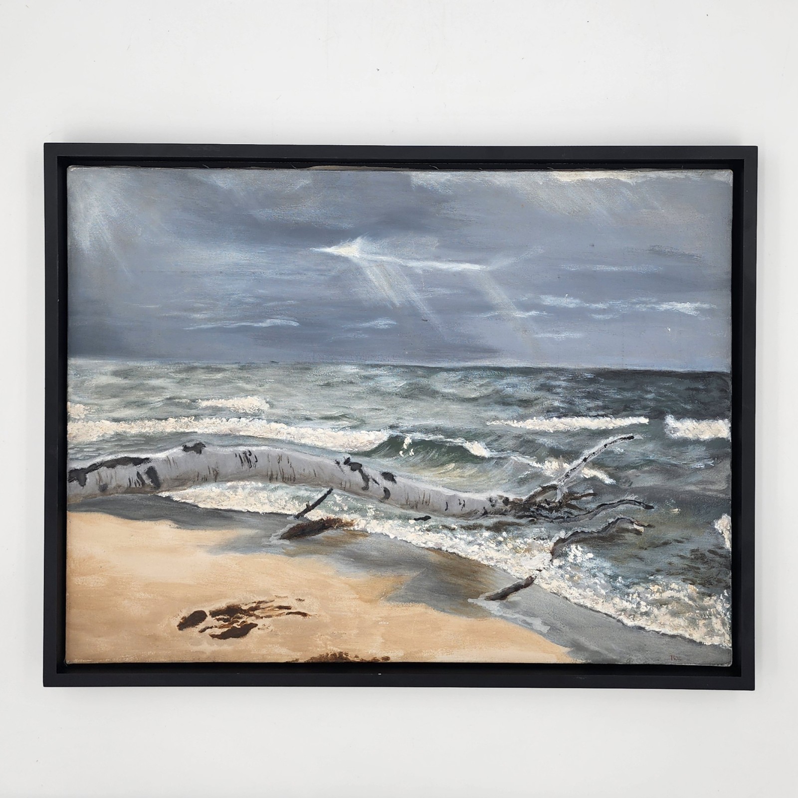 Original Oil Painting Seascape Storm Beach Driftwood Coastal Art Framed 19 x 25
