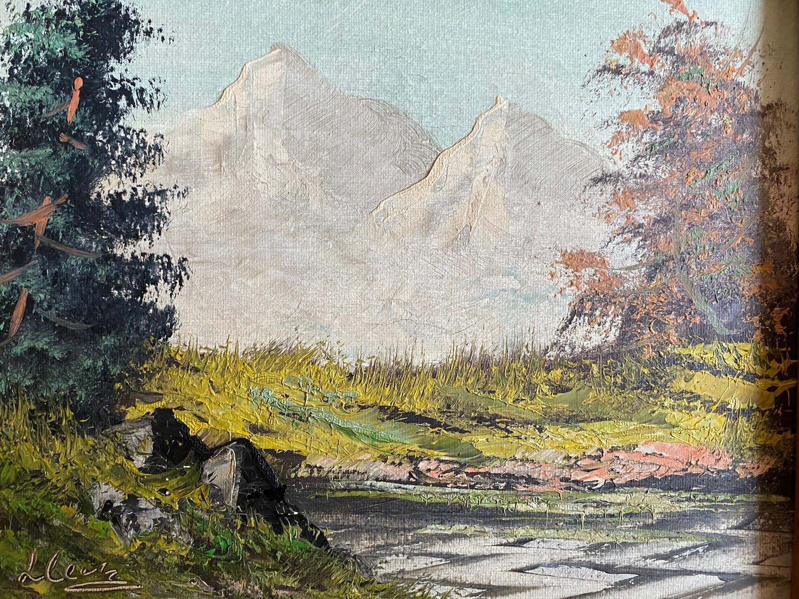 Vintage Old Oil Landscape On 8×10 Canvas Painted In Holland Framed 13”x12”