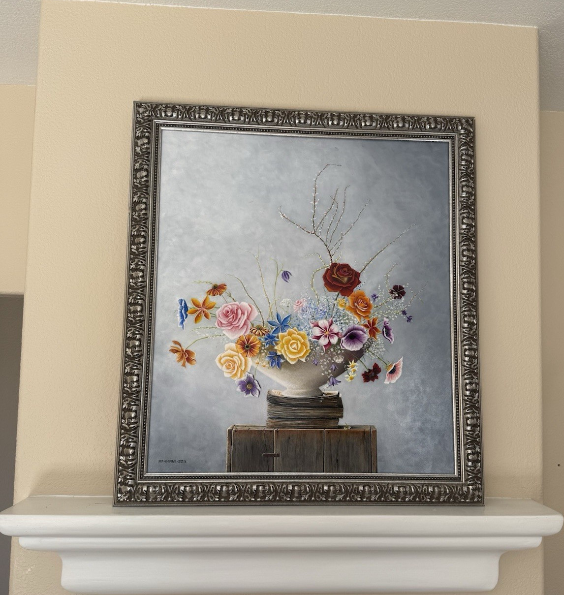 Rahmani Framed Floral Still Life Oil Painting on Canvas, Realism, 2015