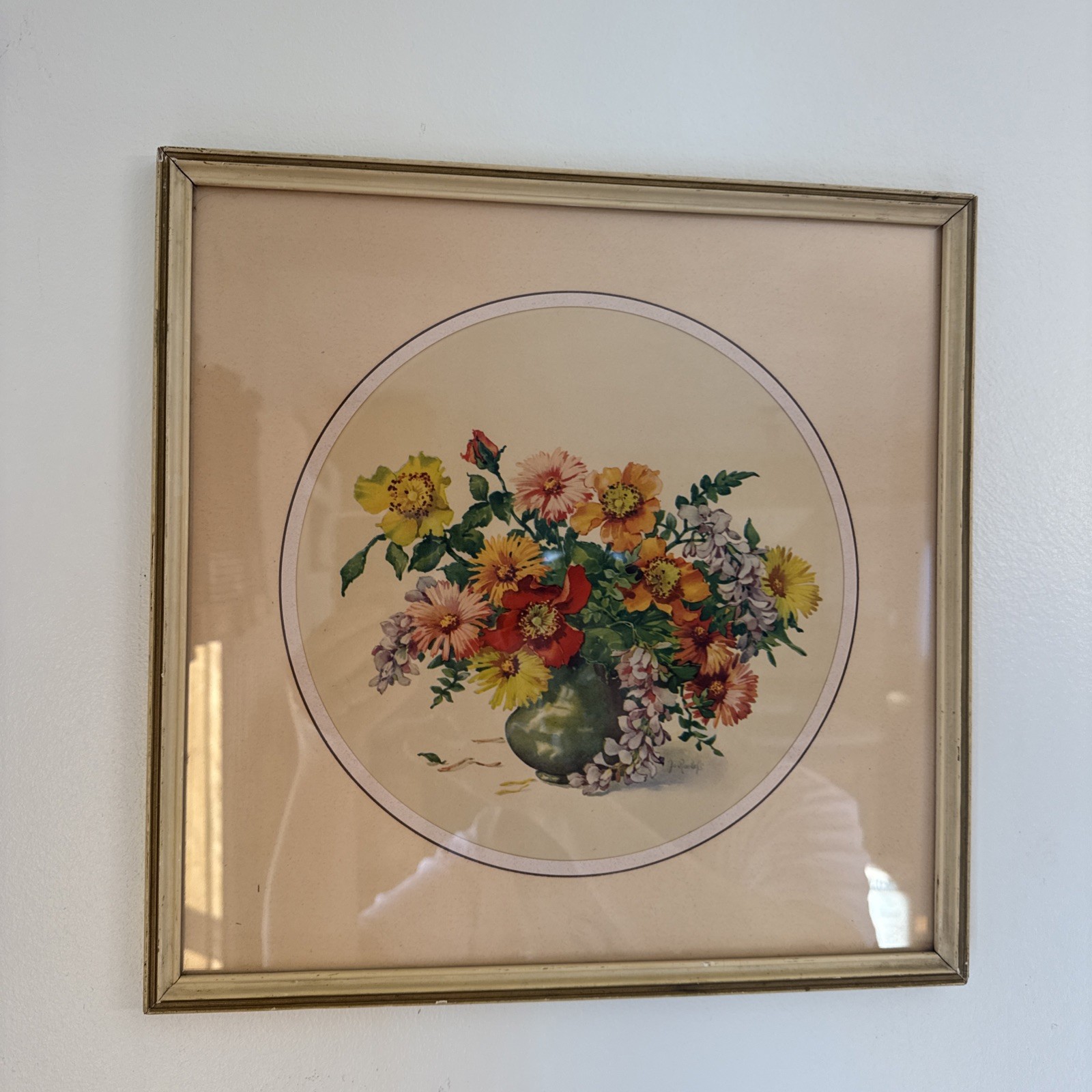 Vintage Floral zinnias Print Cream Gold Frame 12.5x 12.5 Square Granny Core