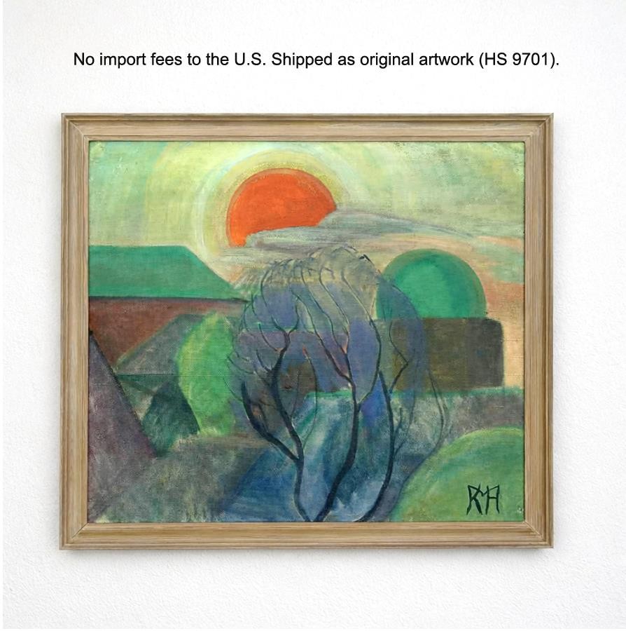 Kirsten Høm (1906) Large Danish Geometric Landscape at Sunset. 1940s. COA