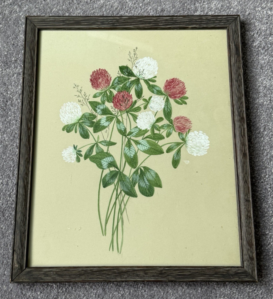 Antique Original Artwork Framed Watercolor Gauche Red & White Clover Bunch
