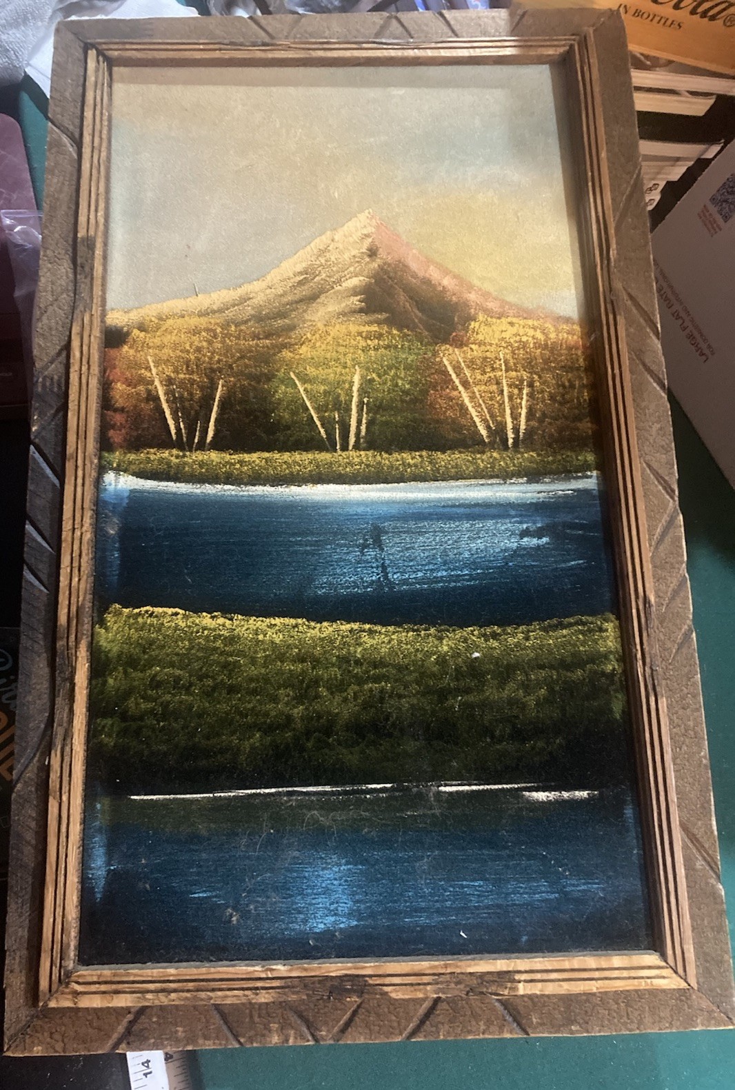 Vintage Mountain Lake River Landscape Scene On Velvet 22.5×13.5 Wood Frame ’70’s