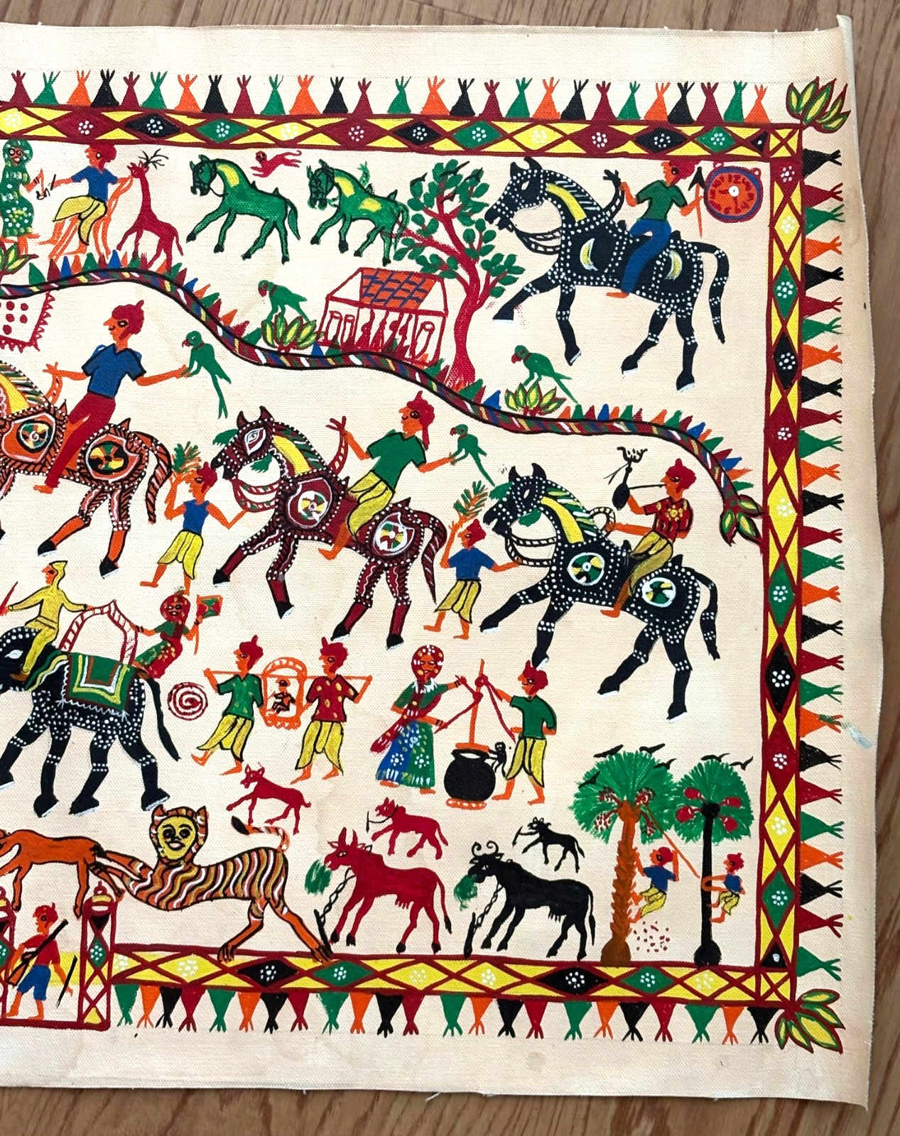 Folk Art Pithora Painting from Gujarat India: Horses, Dieties: 32″ x 20″, EUC