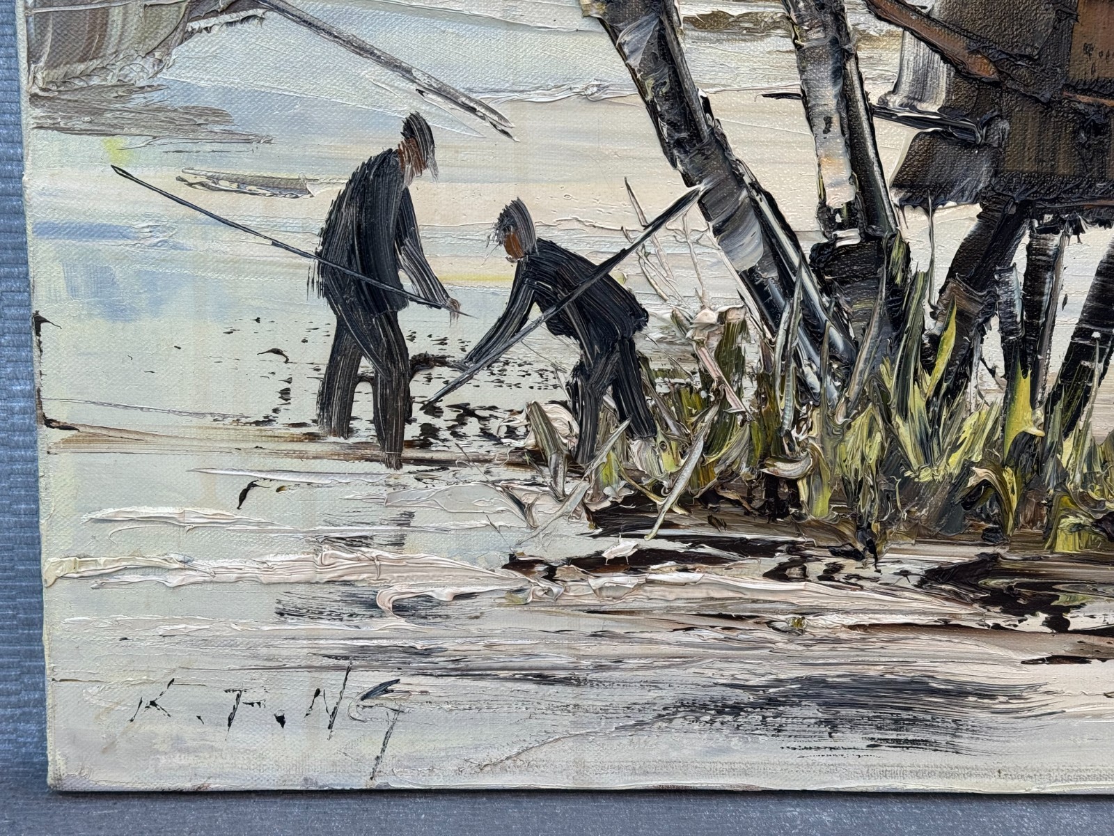 KEE FUNG NG K.F. OIL PAINTING CHINESE ASIAN ORIGINAL THICK IMPASTO PALETTE KNIFE