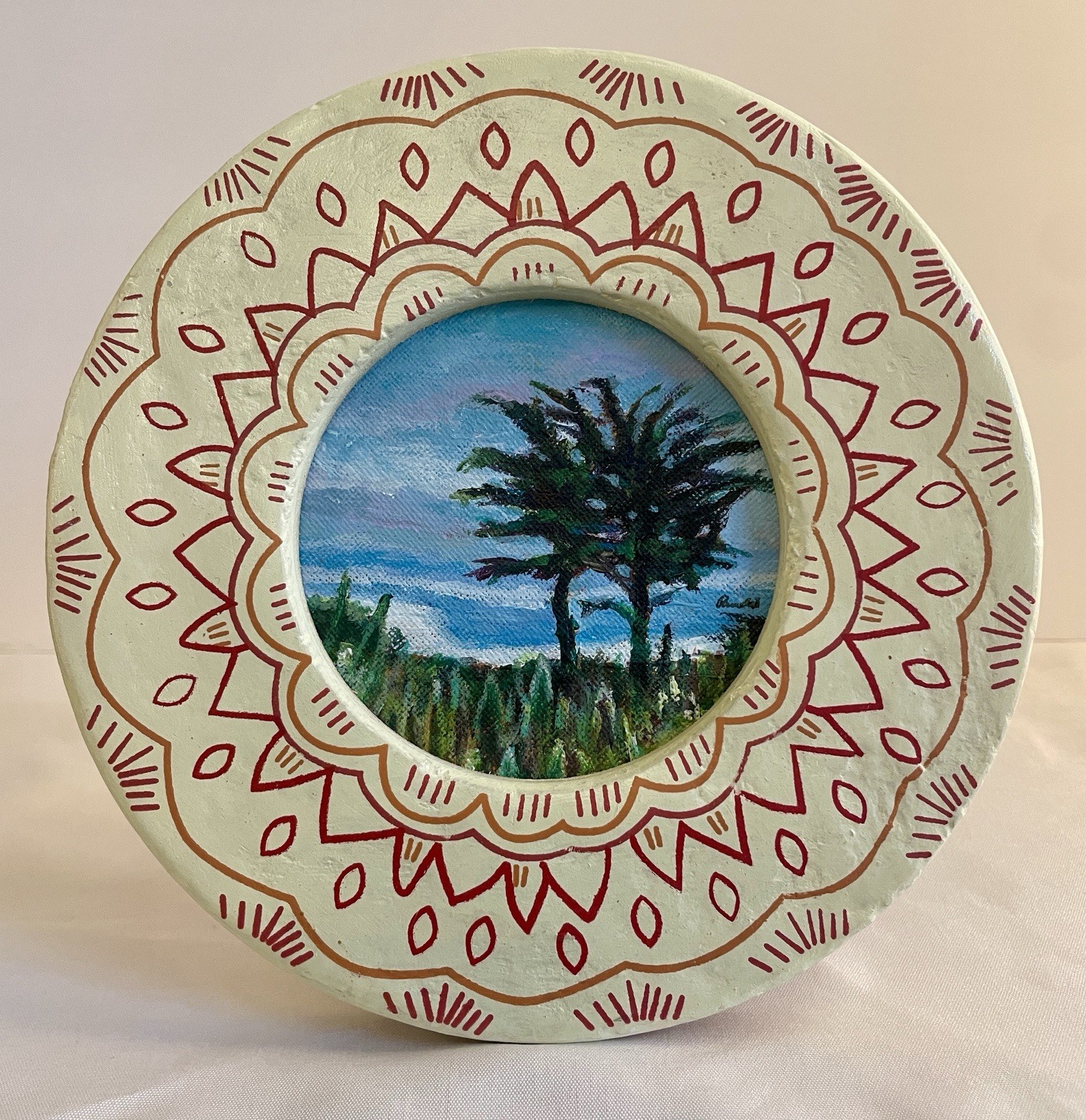 California Cypress Tree Painting Framed Round Coastal Landscape Wall Art