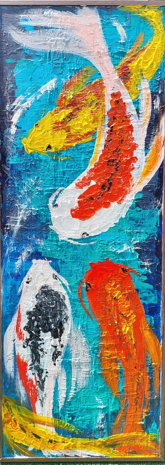 Acrylic original painting on board size 31x12x1.5 inches FRAMED SIGNED Koi pond