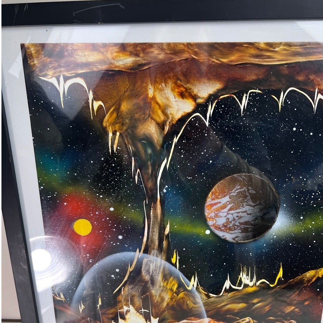 Y2K Vintage Framed Sci-Fi Outer Space Art Print Planets Stars Celestial Painting