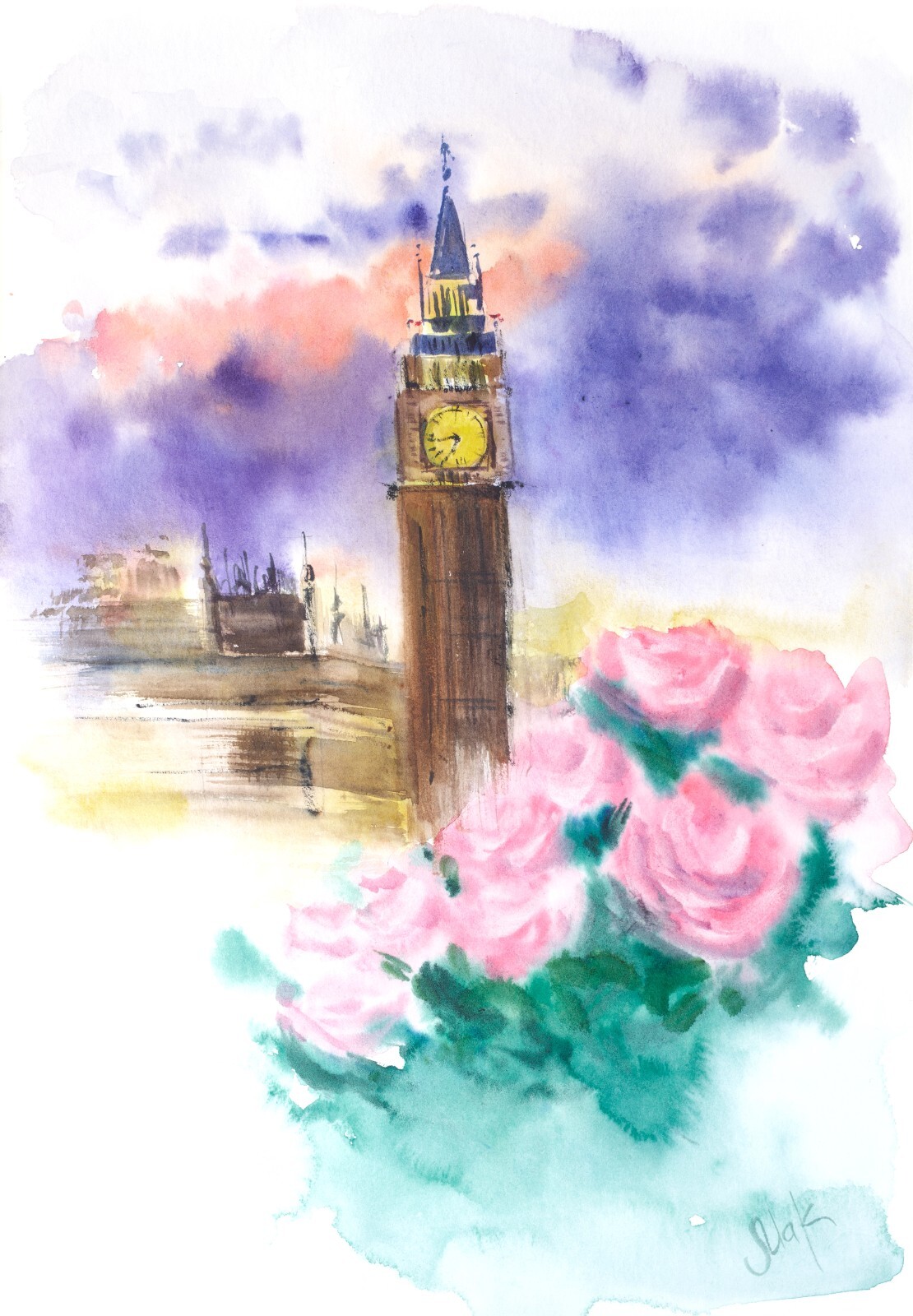 London Painting Big Ben Original Wall Art England Watercolor Palace of Westminst