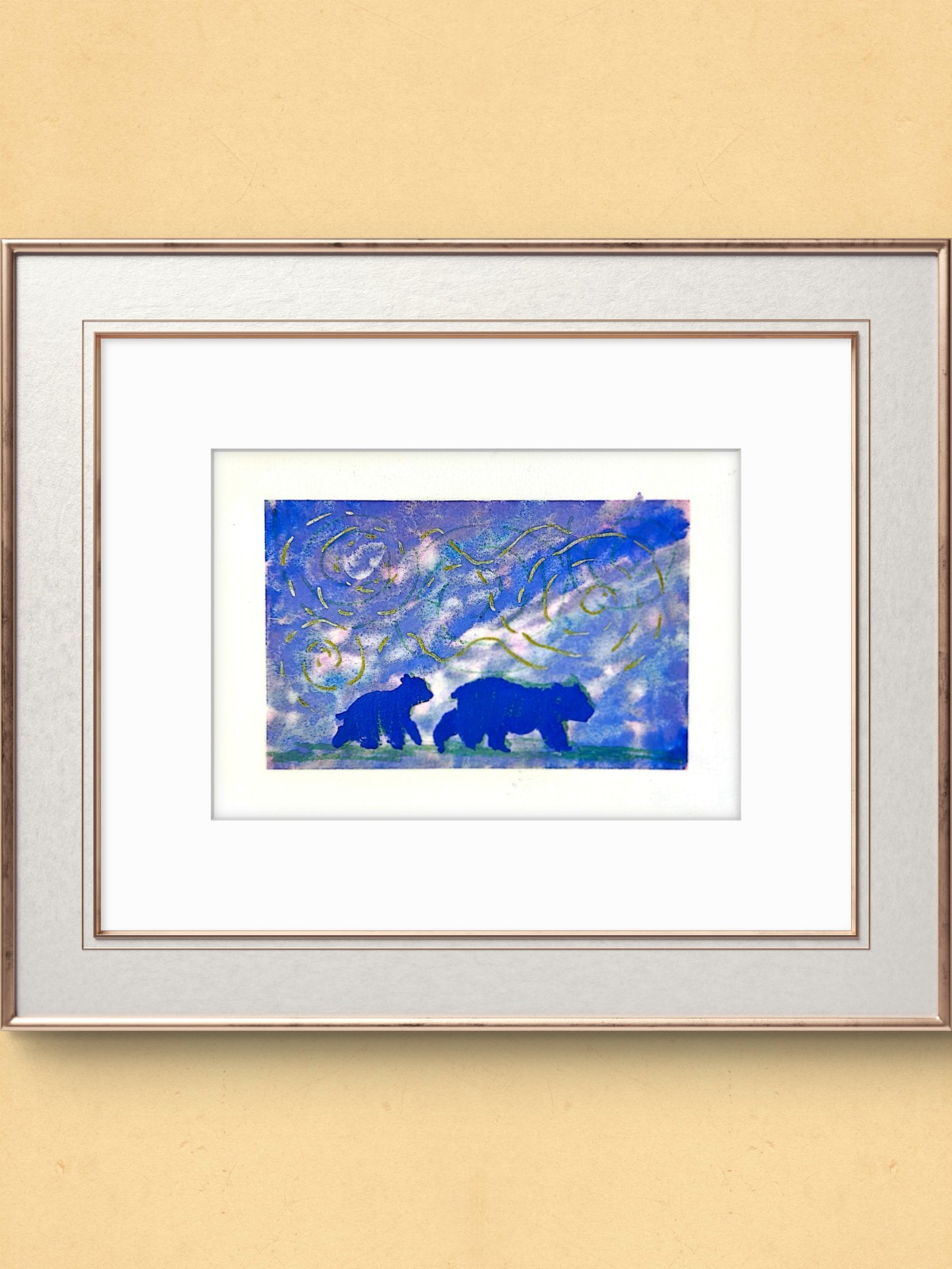 Two Bears In Northern Lights Original Abstract Contemporary 5×7 Paper Signed