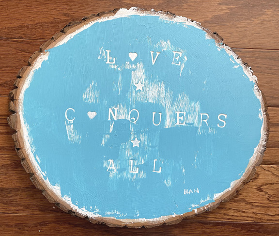 Love Conquers All, Wood Burn & Original Acrylic Painting, Art, 13.5×11 inches