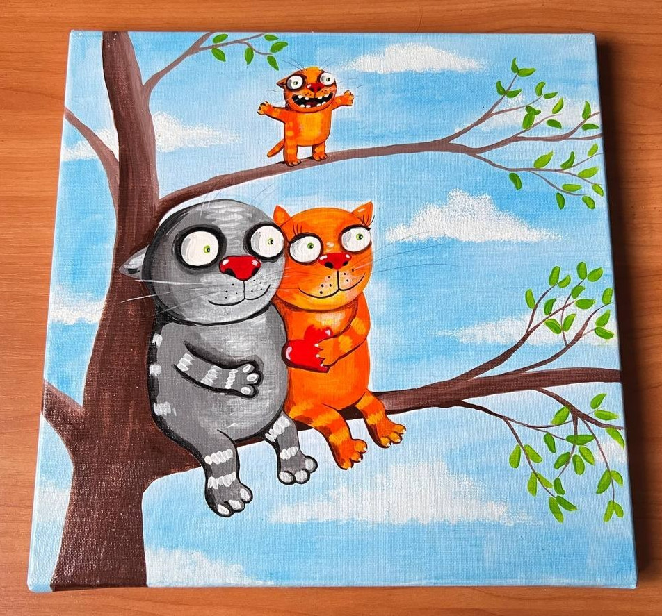 Cats. Acrilyc on canvas 30×29 cm Hand Painted style Vasya Lozhkin
