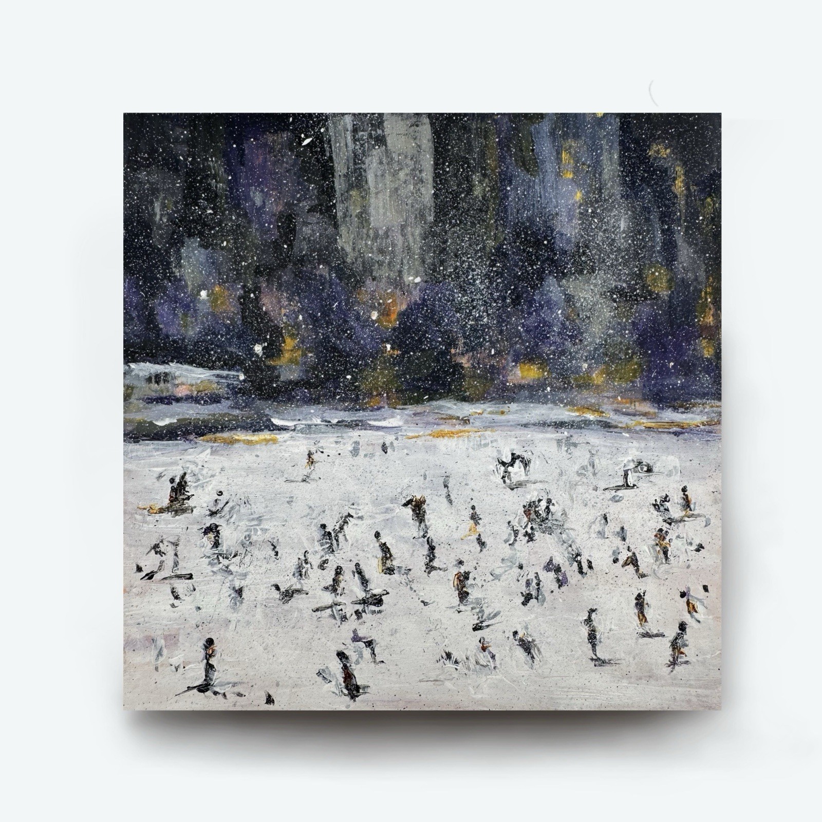 Original Acrylic Painting 8×8 Winter Snow Landscape Figures Skaters On Paper