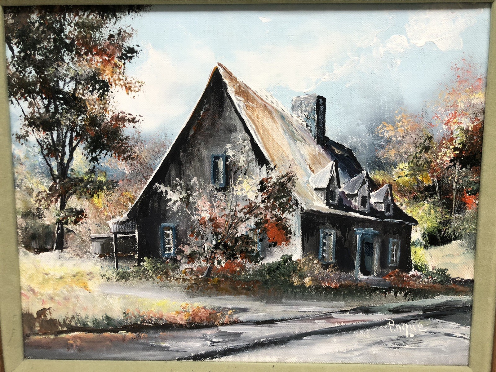 VTG Original signed Oil On Canvas Framed Art Rustic Cottage Scene 13.5 X 16.5”