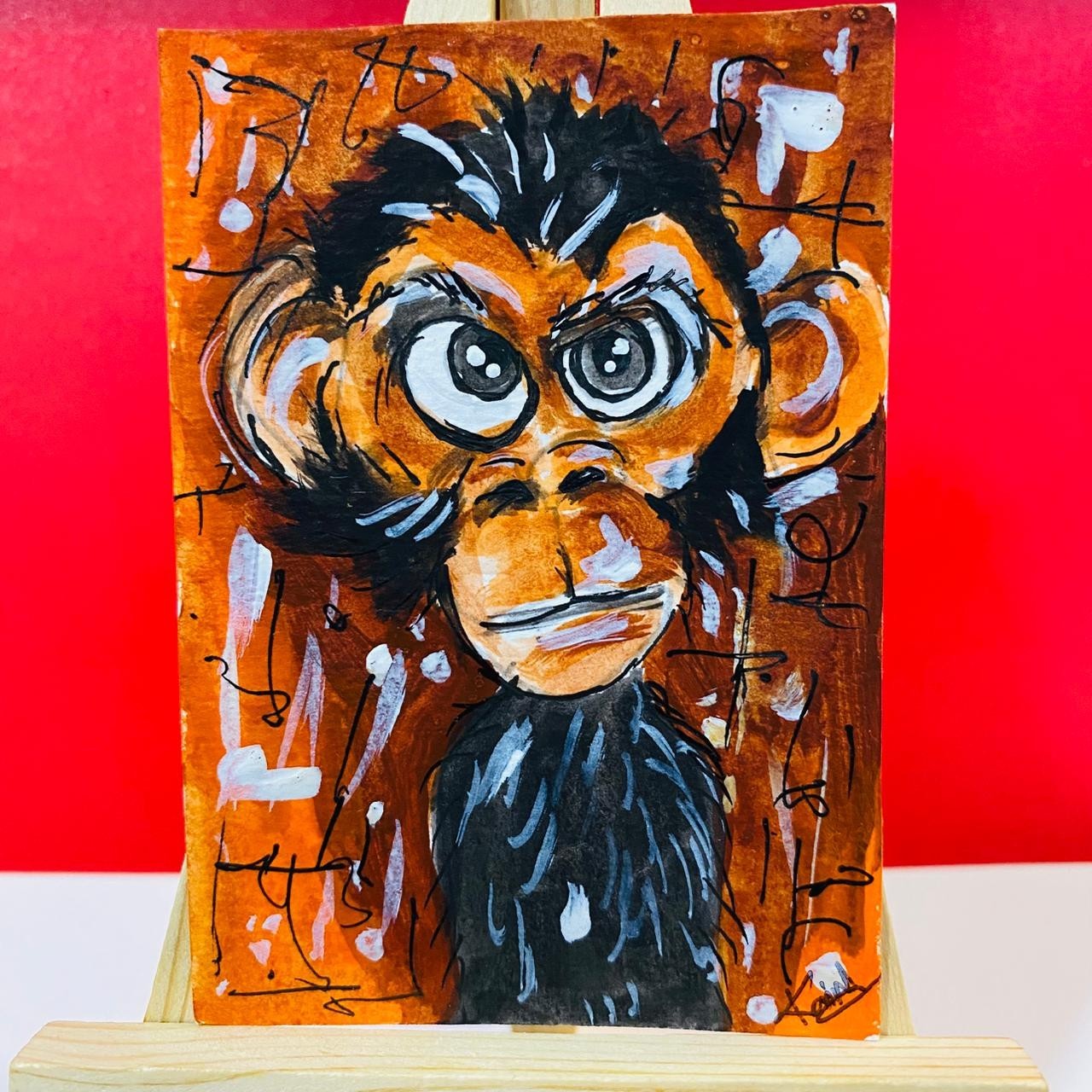 ACEO Whimsical Monkey Portrait Wide-Eyed Funny Animal Acrylic Painting Art Card