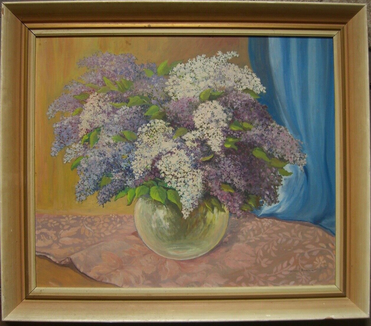 Large Oil Painting Still Life Lilac in Glass Vase Handsigned by Jaromir Braun