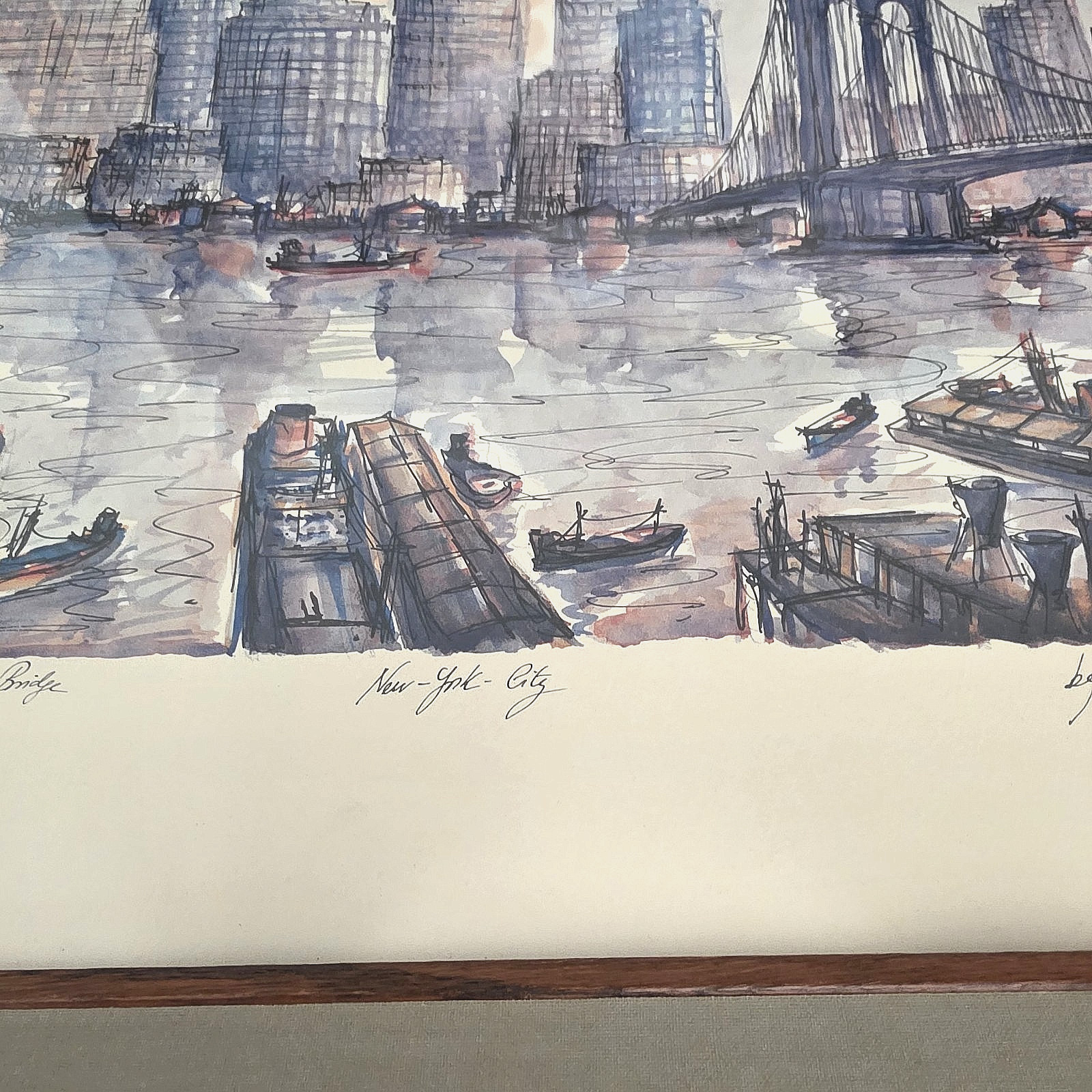 Vintage J.M. Gallais 1964 Signed Print New York City Harbor Skyline Mid Century