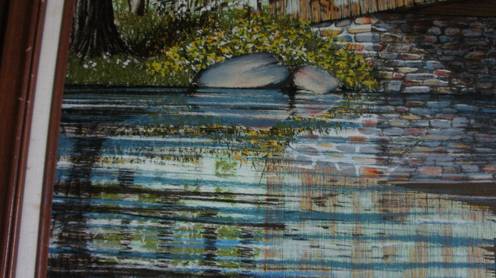 Rural Bridge signed Hargrove Framed Canvas Serigraph Mail Pouch Bridge 20”x24”