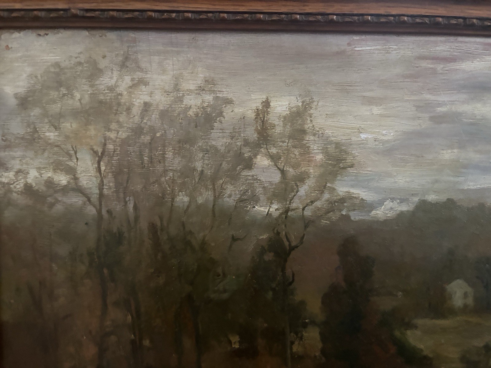 Antique 1910 18”x14” Framed Folk Impressionist Landscape Unsigned Oil Painting