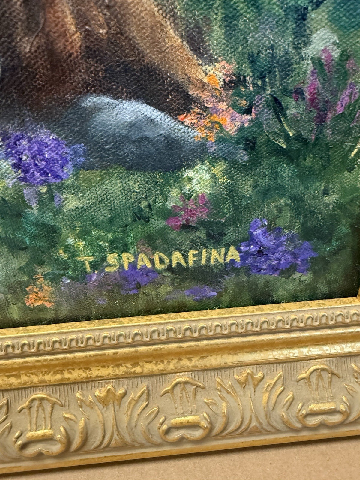 Original Signed Landscape Oil Painting Lake Swans Floral Garden Gold Frame 24×18