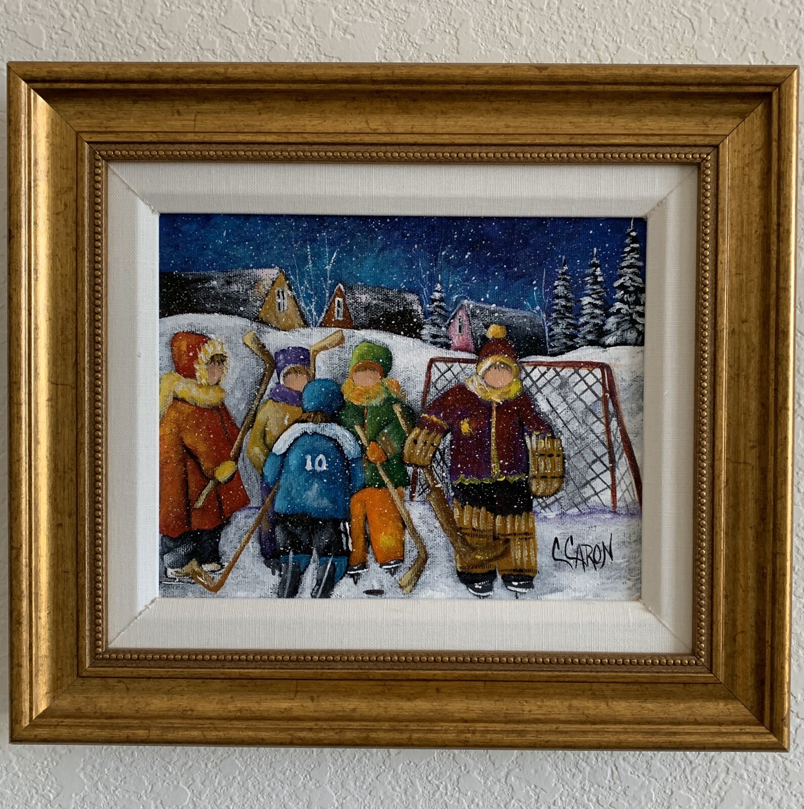 1950’S EVENING WINTER SCENE OF YOUNG HOCKEY PLAYERS C. CARON signed/certificate