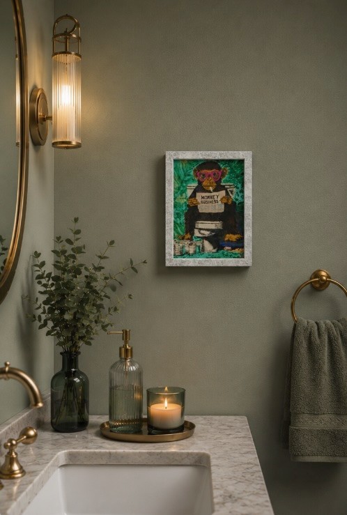 Hand-Painted Monkey Reading Newspaper Bathroom Art, Quirky Animal Print, Framed