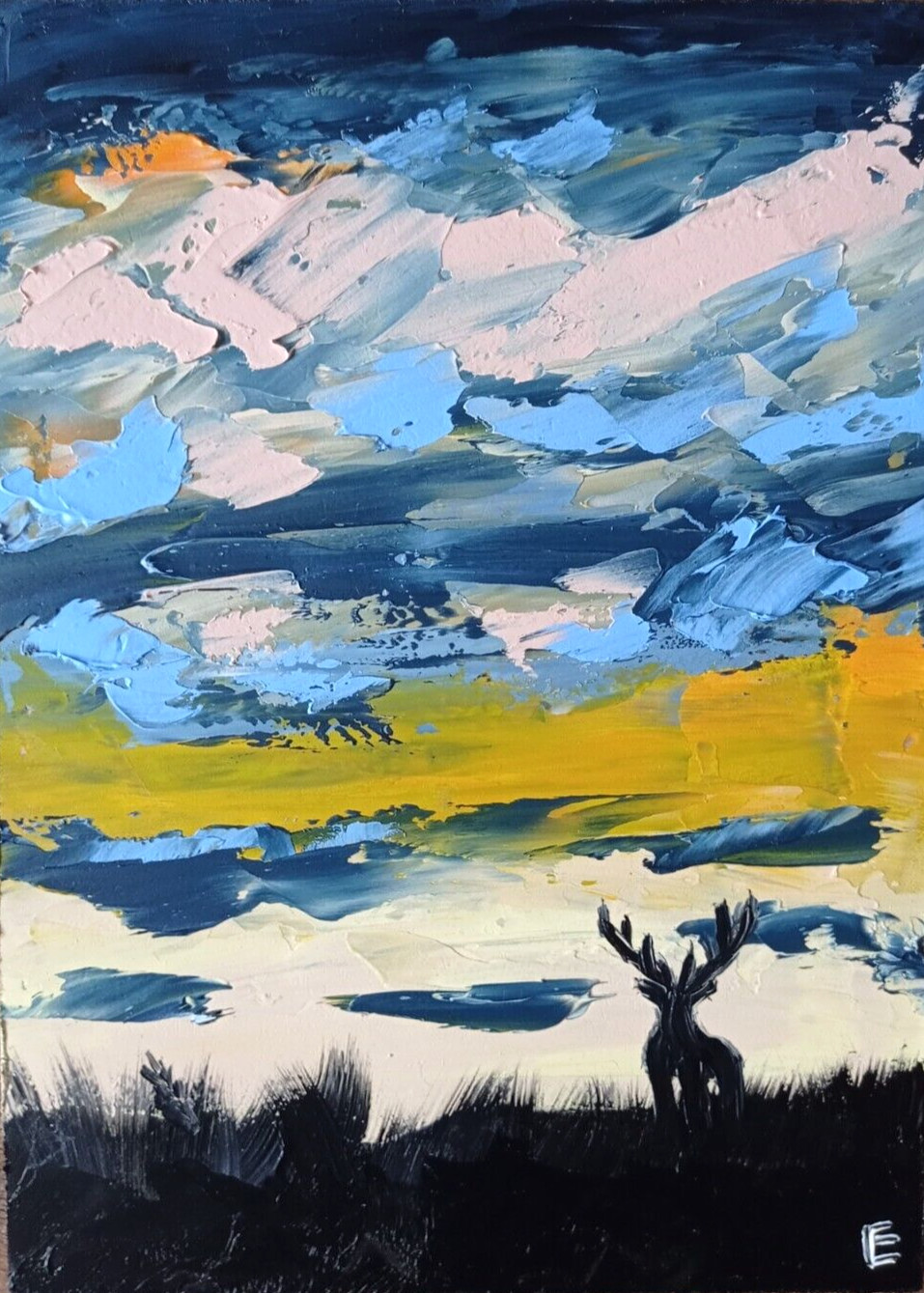 Original Painting Horns Sunset Deer Oil Nature Beast Animal 7 х 5 inches