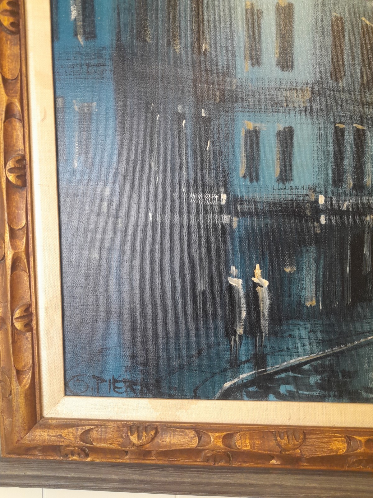 Vtg Mid Century Modern Paris Street Scene Oil Painting G Pierre Blue MCM Framed