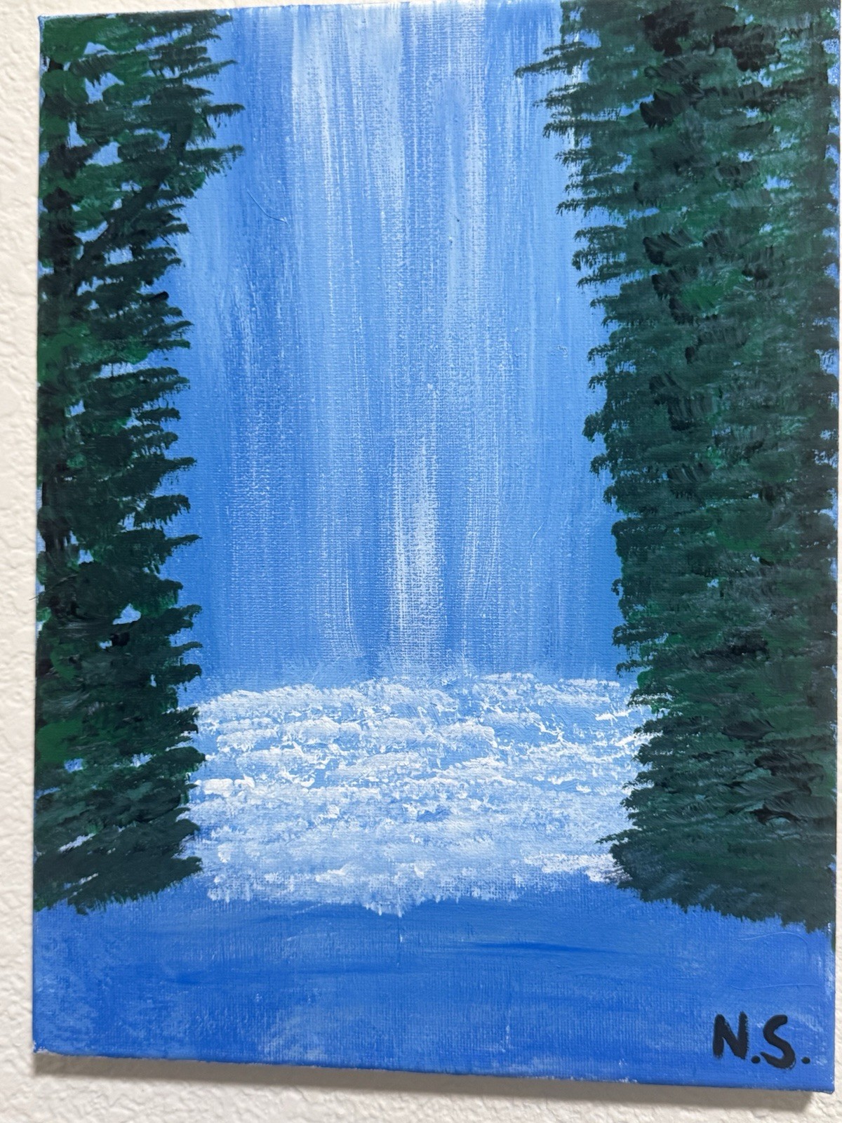Acrylic Painting by Hand Landscape Snowman Trees Winter Set Signed N.S.
