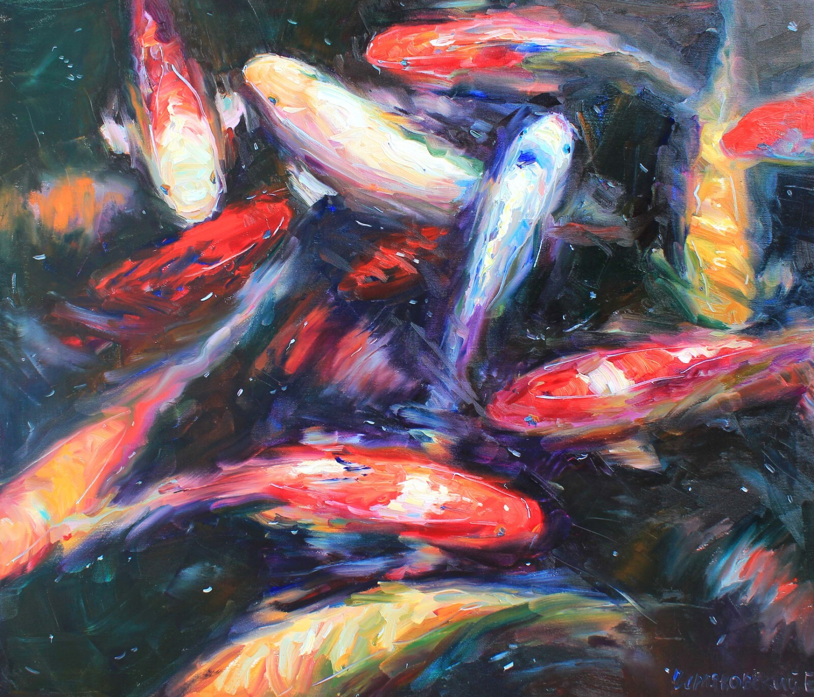 Koi fishes painting IMPRESSIONISM Original Oil on canvas by E. Chernyakovsky