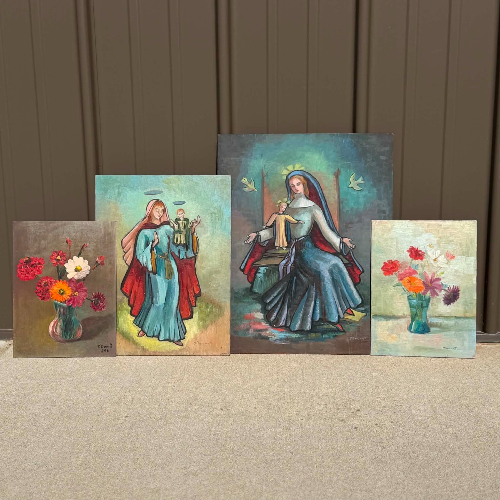 Vintage Folk Art Religious Floral Oil Paintings on Board Lot of 4 Signed Brunet