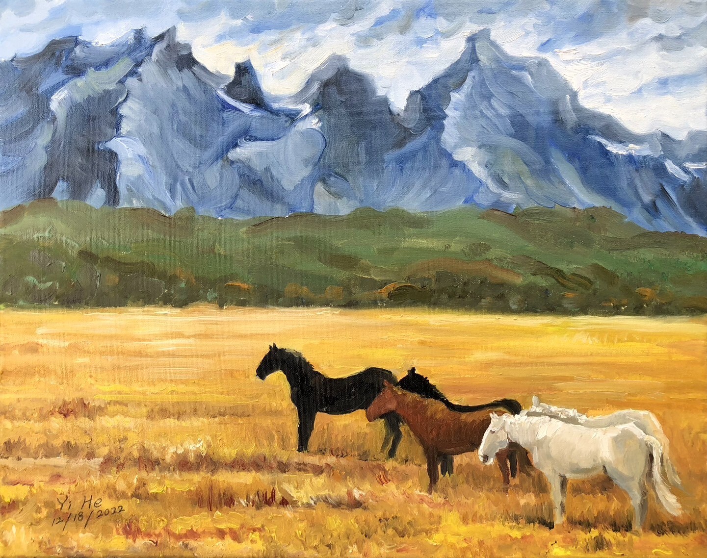 «The Wasteland and the Horses» YI HE original oil painting, 16 inches✖20 inches