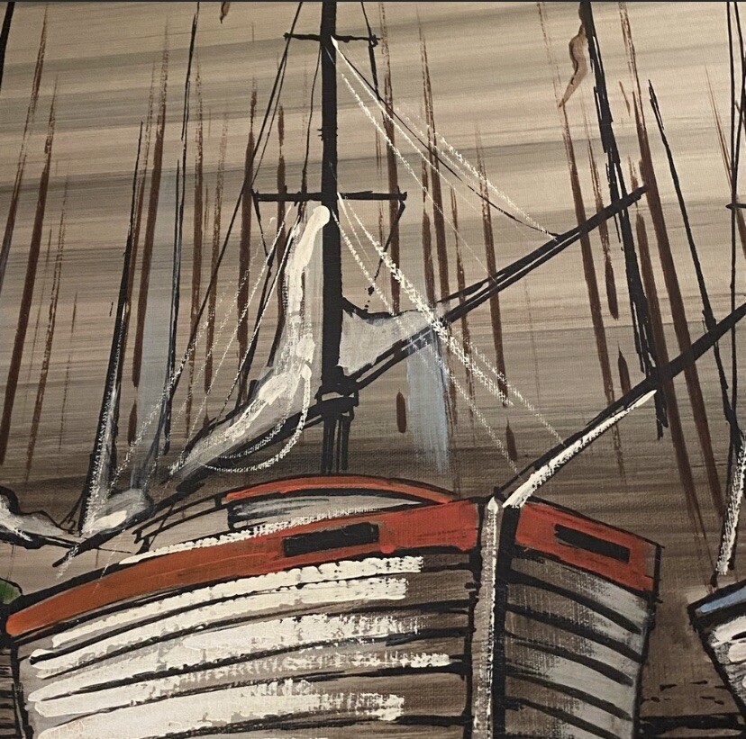 fishing boats signed by walker oil painting on canvas dimensions :41 x 2 x 31”