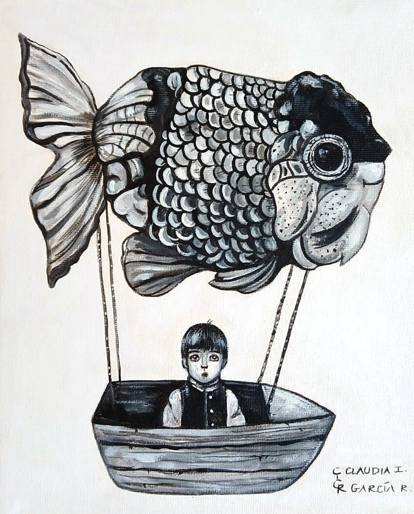 Mexican & Original Folk Art. «THE BOY AND THE FISH». 8″x10″ Stretched Canvas