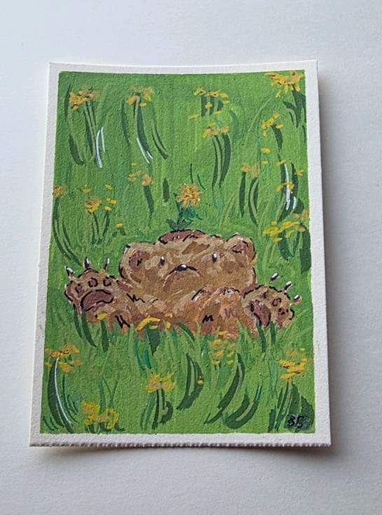ACEO Art Trading Card, Flower Field Bear