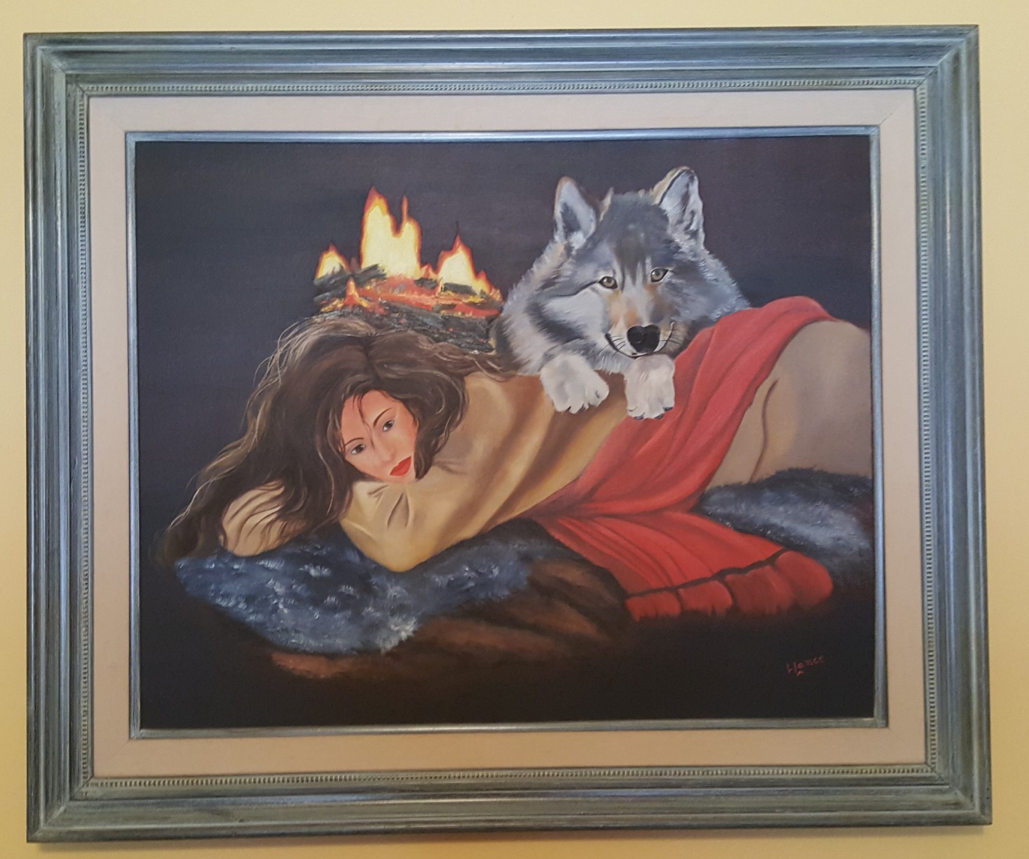 Oil Painting of Indian lady and the wolf 32″ x 38″