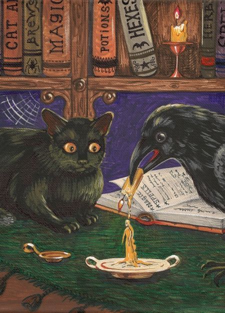 5×7 PRINT OF PAINTING RYTA WICCA MAGIC CROW HALLOWEEN BLACK CAT Folk Art Witch