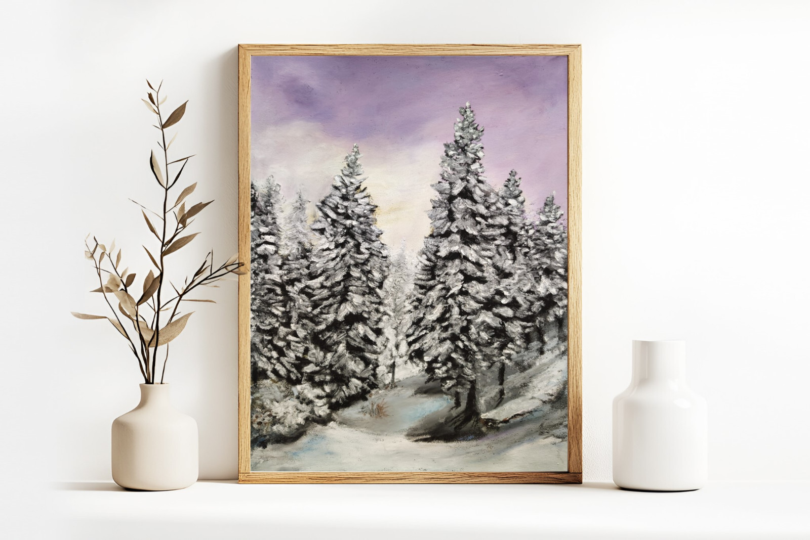 Winter Snow Pine Trees Landscape Original Hand Painted Oil Pastel 7×9.5In Signed