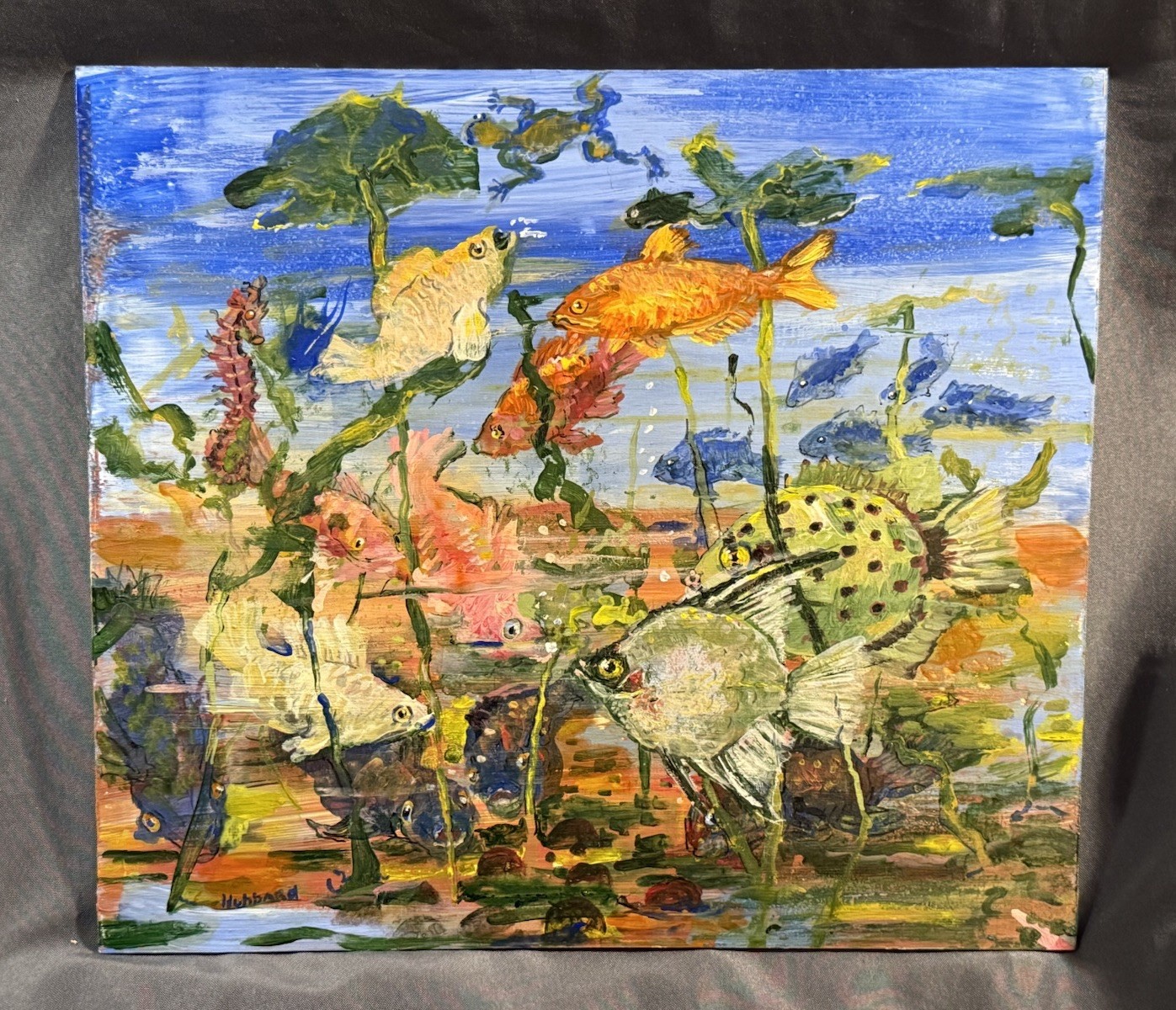 Vintage Original Nautical Oil on Masonite Painting Fish Under Sea Signed Hubbard