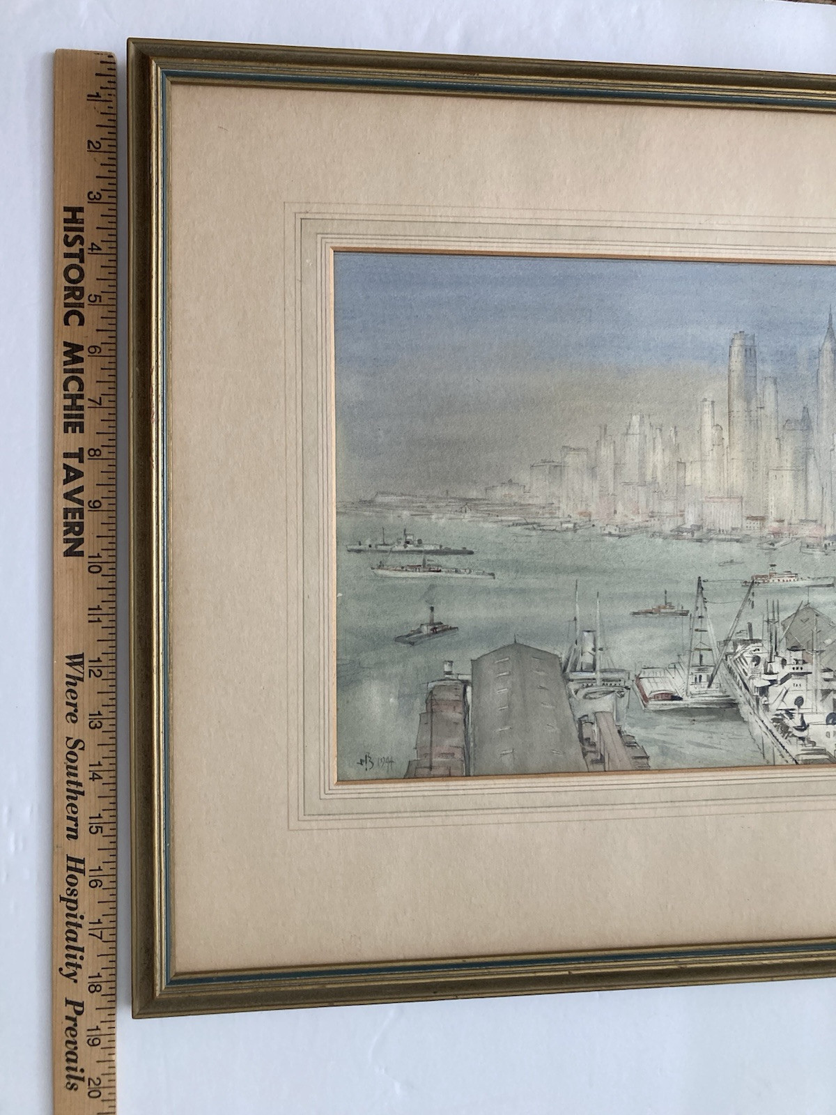 New York Harbor Painting WILLIAM BOWER DALTON 1944 Watercolor Skyline WWII Ships