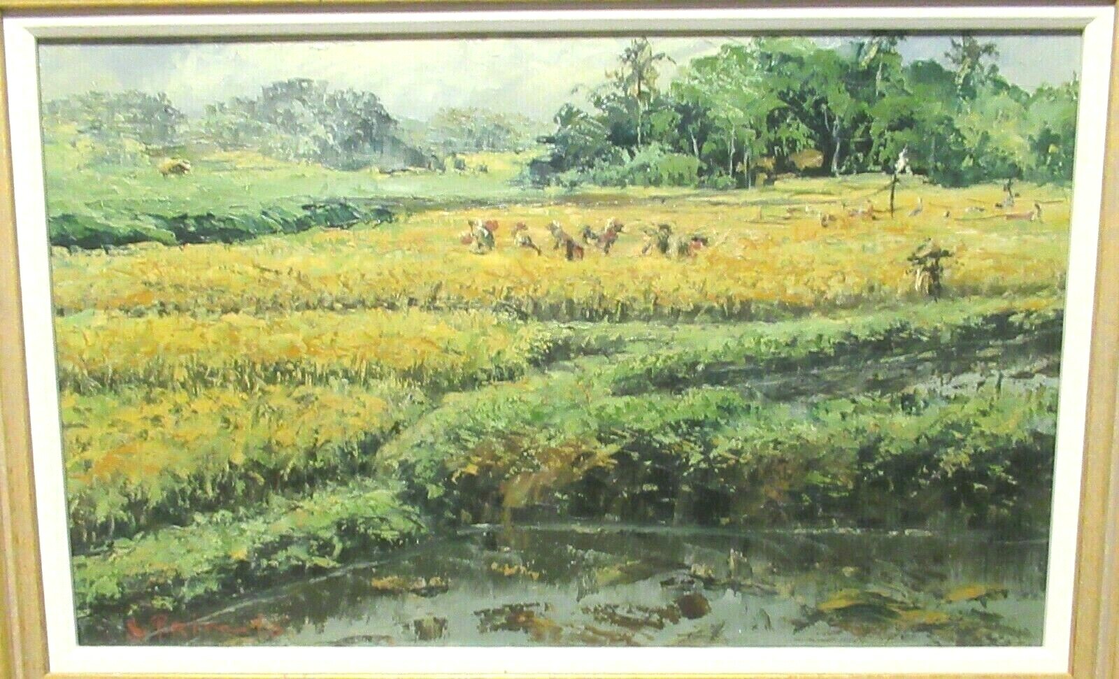 S.PRIYANTO ASIAN PEOPLE IN A RICE FIELD ORIGINAL OIL CANVAS LANDSCAPE PAINTING