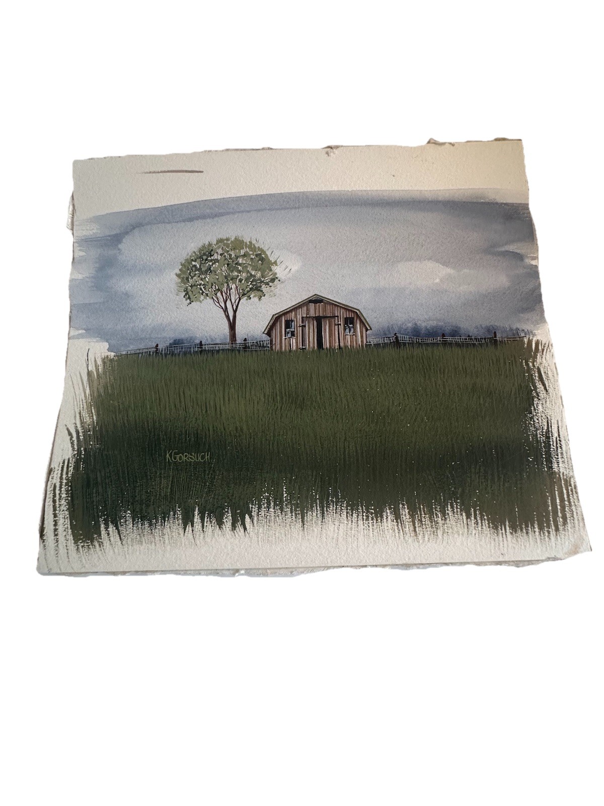 Barn Farm Small Oil Painting OnPaper OOAK Art Field Sky Scene Signed K. Gorsuch