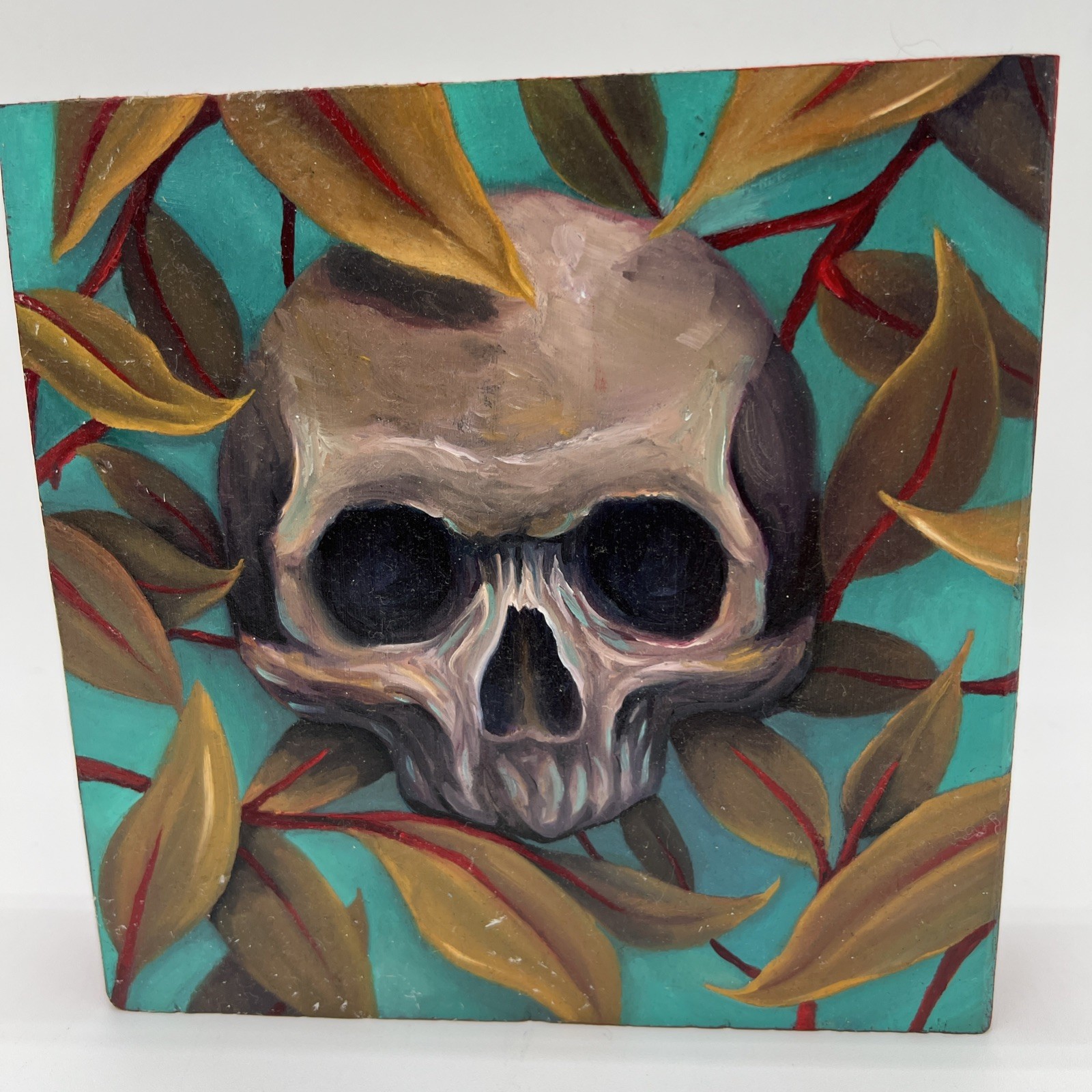 Original Skull Painting on Wood Block 7” X 7” Art Gothic Macabre Decor Fast Ship