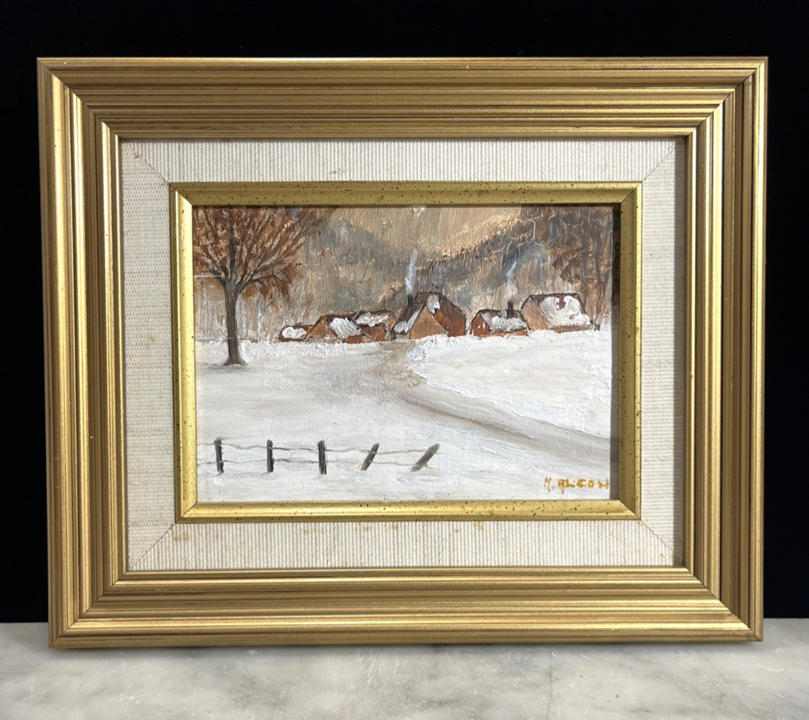 Framed Oil Painting Winter Snow Ice Scene Signed M. Alcon 10.5”x 9”