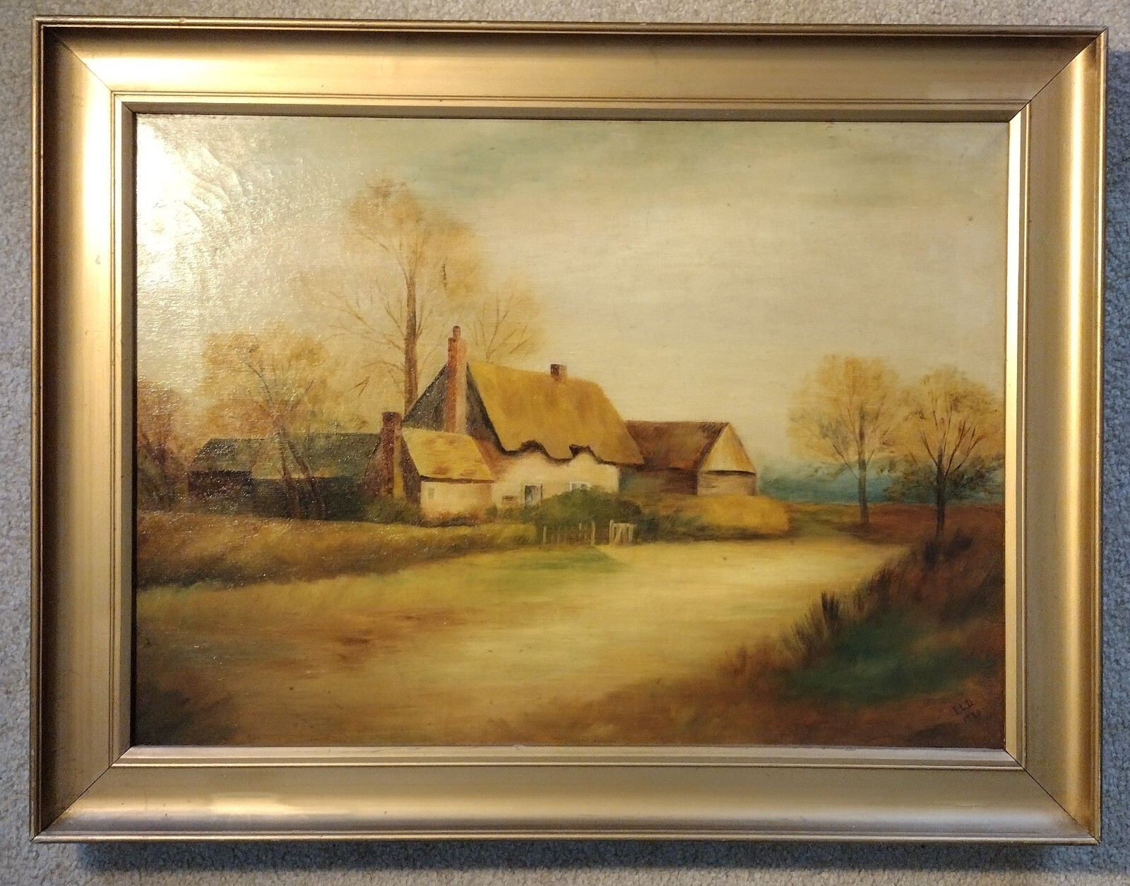 Antique 1920 Canvas Painting of English Cottage, 22 1/4″ x 16 1/16″