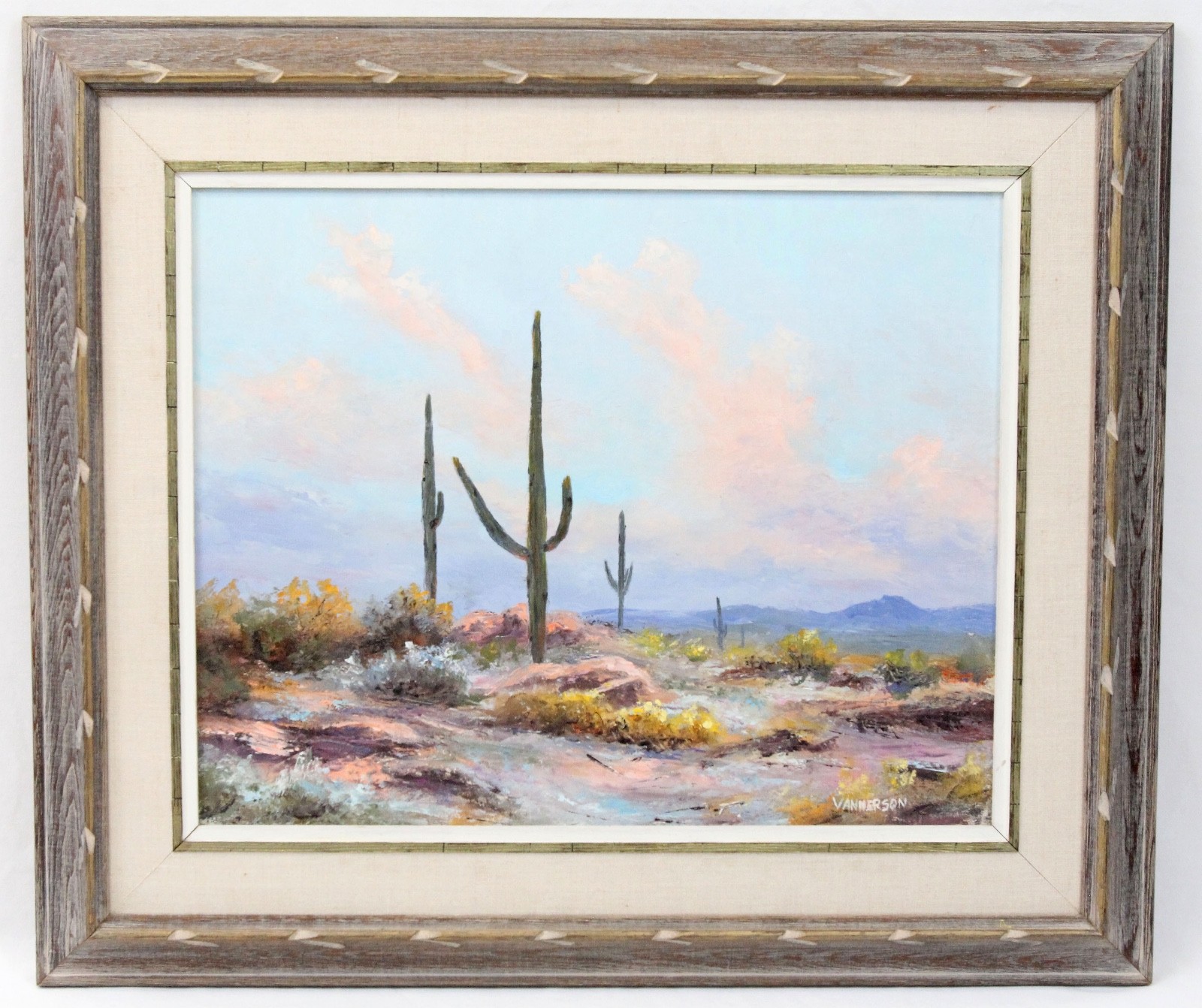 Lucien Vannerson 16×20 Vintage Oil Painting Desert Landscape Arizona Cactus