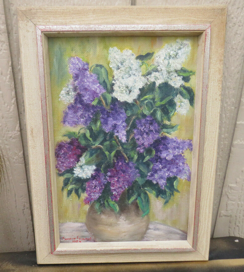 LOVELY FRAMED OIL ON BOARD PAINTING OF WHITE AND PURPLE LILACS SIGNED